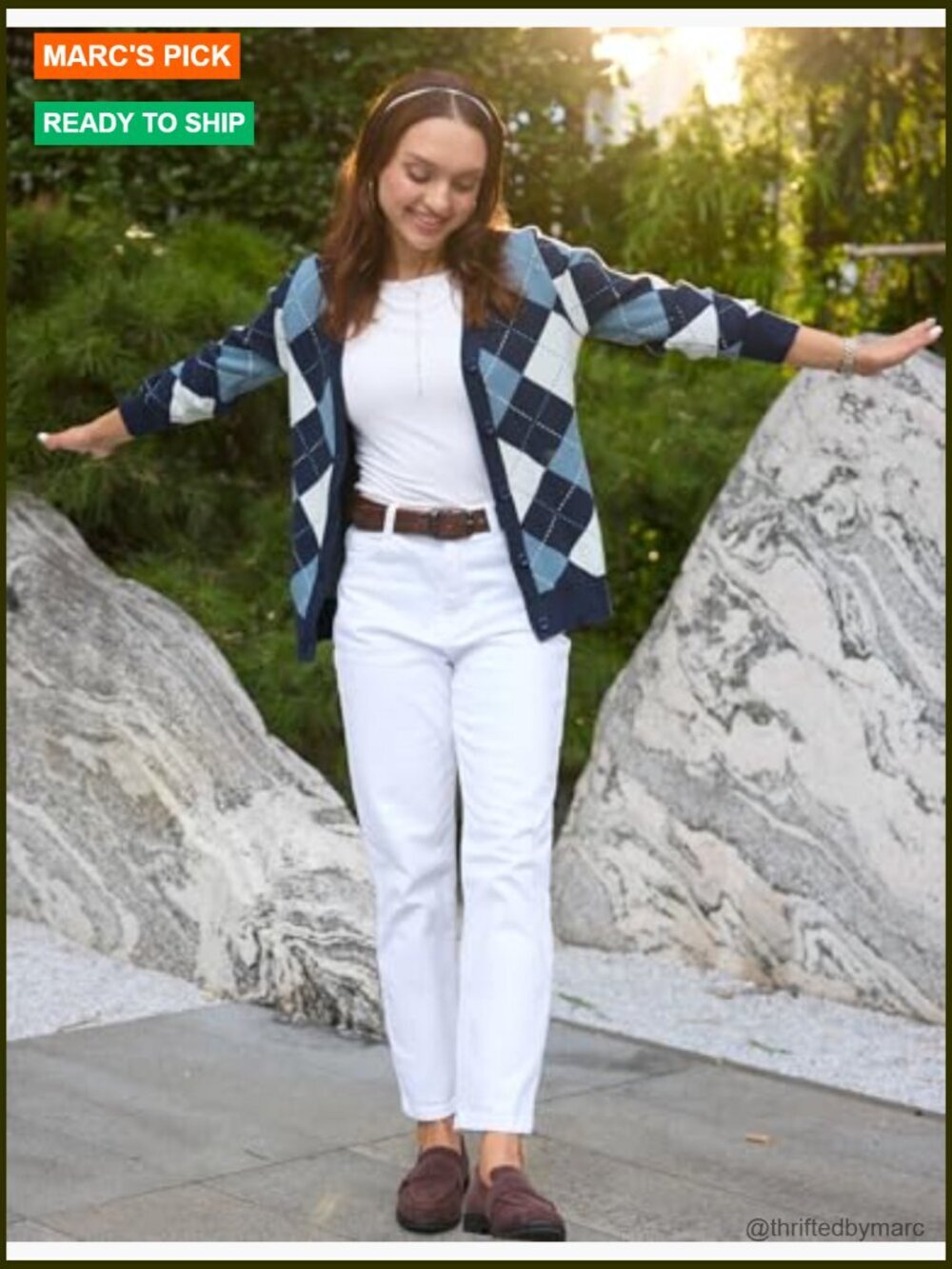 Long Sleeve Argyle V-Neck Button Up Cardigan Sweater Preppy - Picture 6 of 7